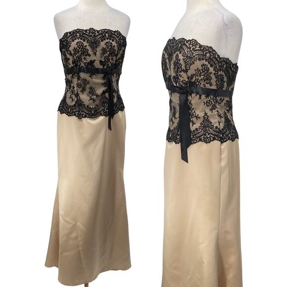 Vintage Y2k Maxi Gown Strapless Ribbon Belt Lace Bodice Black Beige Womens 8 - Picture 1 of 15